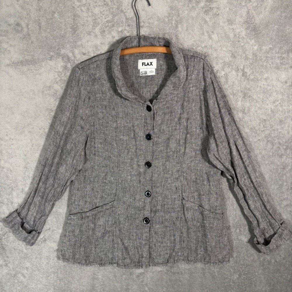 FLAX Womens Large 100% Linen Button Up Jacket Gray Textured Lagenlook Blazer